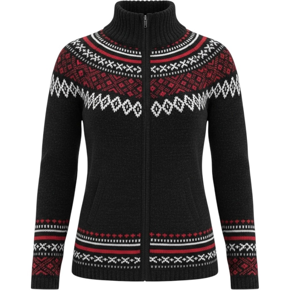 Erika Womens Lge Black Red Fair Isle Chenille Full Zip Mock Neck Sweater Jacket